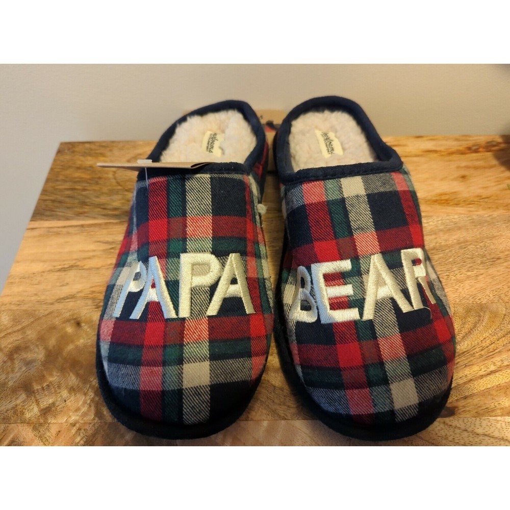 NWT - Dearfoams cozy Memory Foam Plaid PAPA BEAR slippers S (7-8) Faux Fur Lined
